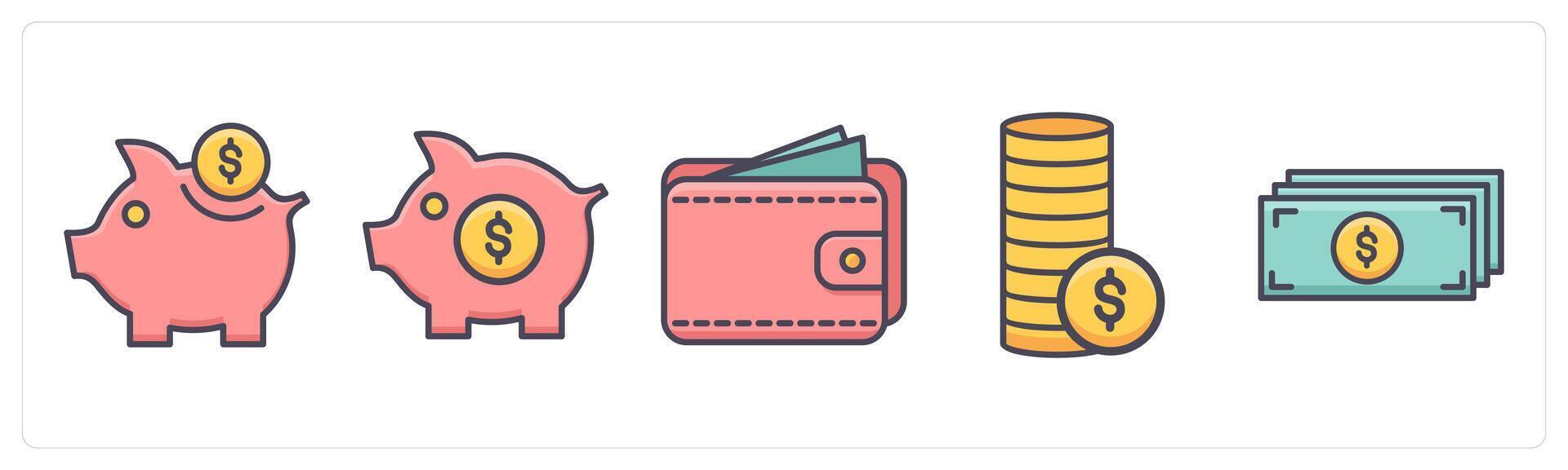 A set of 5 Business icons as money savings, wallet, coins vector