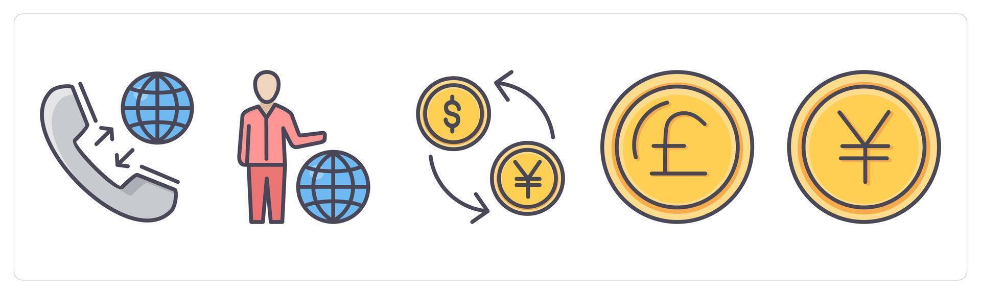 A set of 5 Business icons as international call, global business, currency exchange vector
