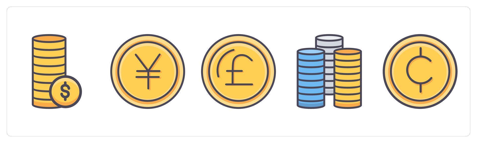 A set of 5 Business icons as coins, yen, pound vector