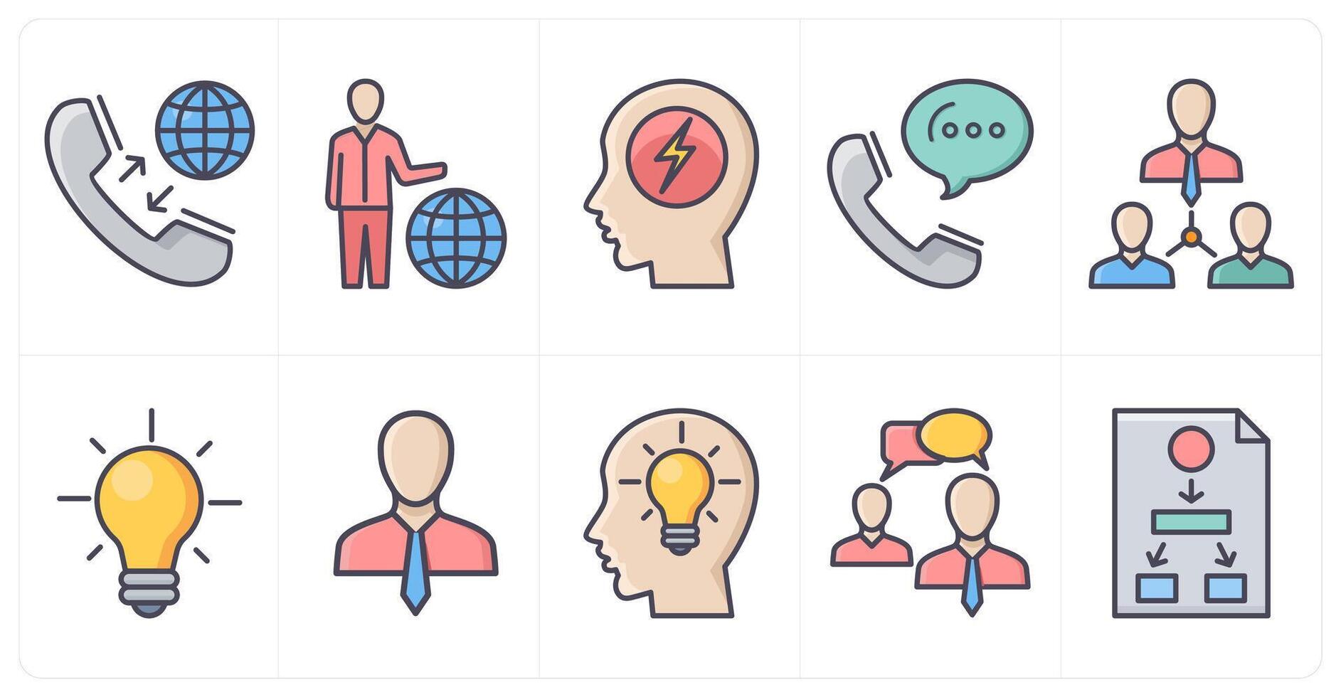 A set of 10 business icons as international call, global business, brain energy vector