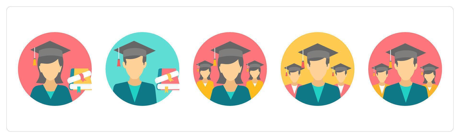 A set of 5 education icons as graduate girl, degree, graduation vector