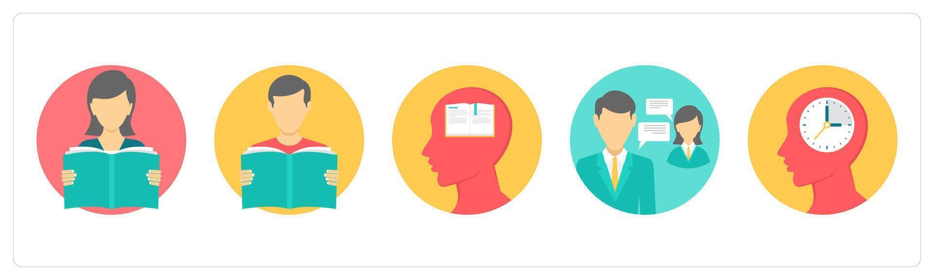 A set of 5 education icons as reading girl, reading boy, knowledge vector