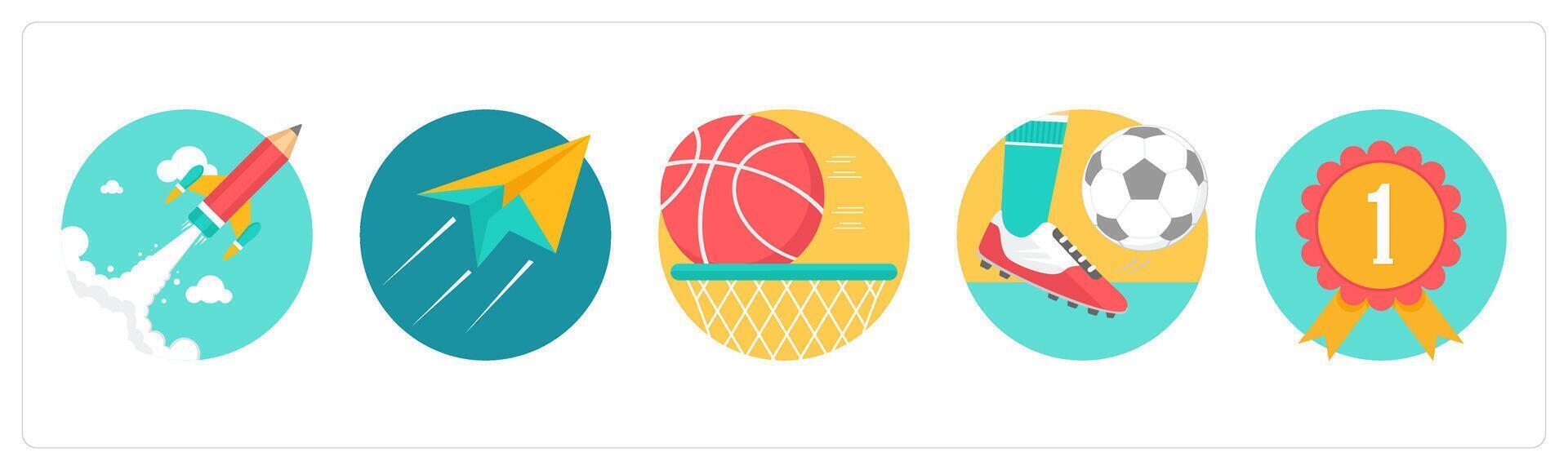 A set of 5 education icons as boost up, paper plane, basket ball vector