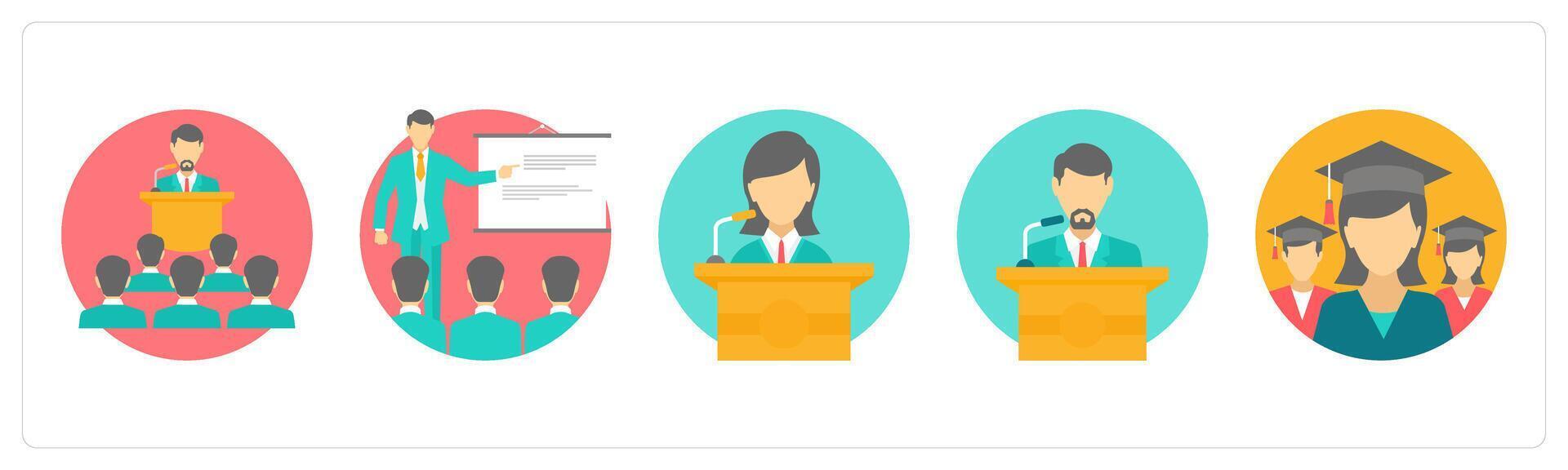 A set of 5 education icons as lecture, classroom, speech vector