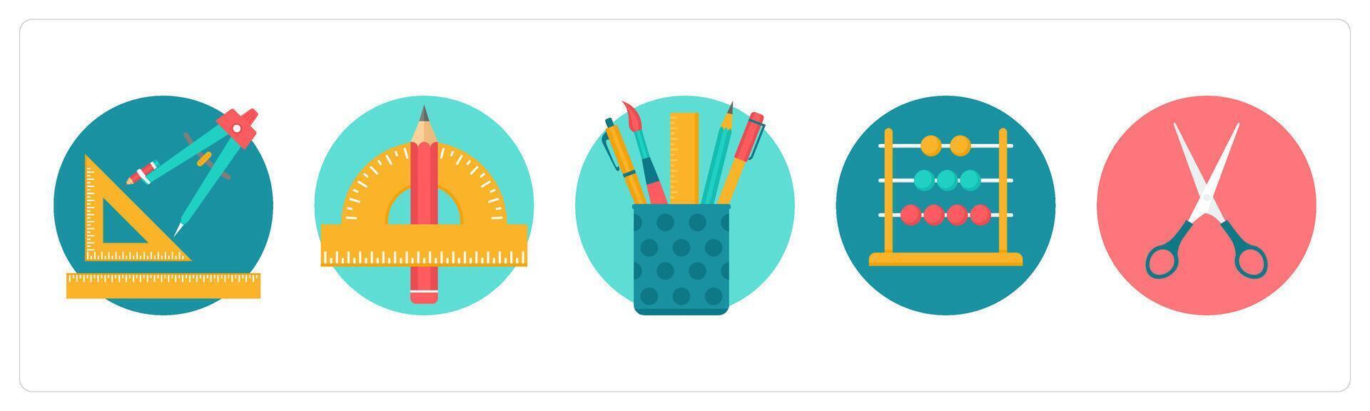 A set of 5 education icons as geometry, pencil box, abacus vector