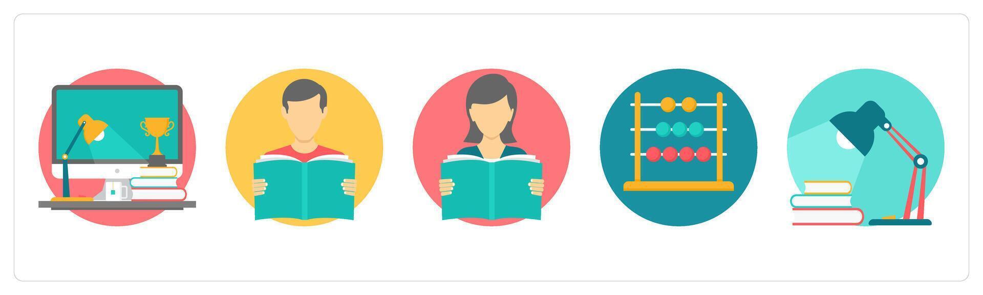 A set of 5 education icons as study, reading boy, reading girl vector