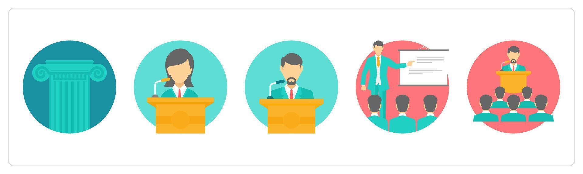 A set of 5 education icons as podium, speech, classroom vector