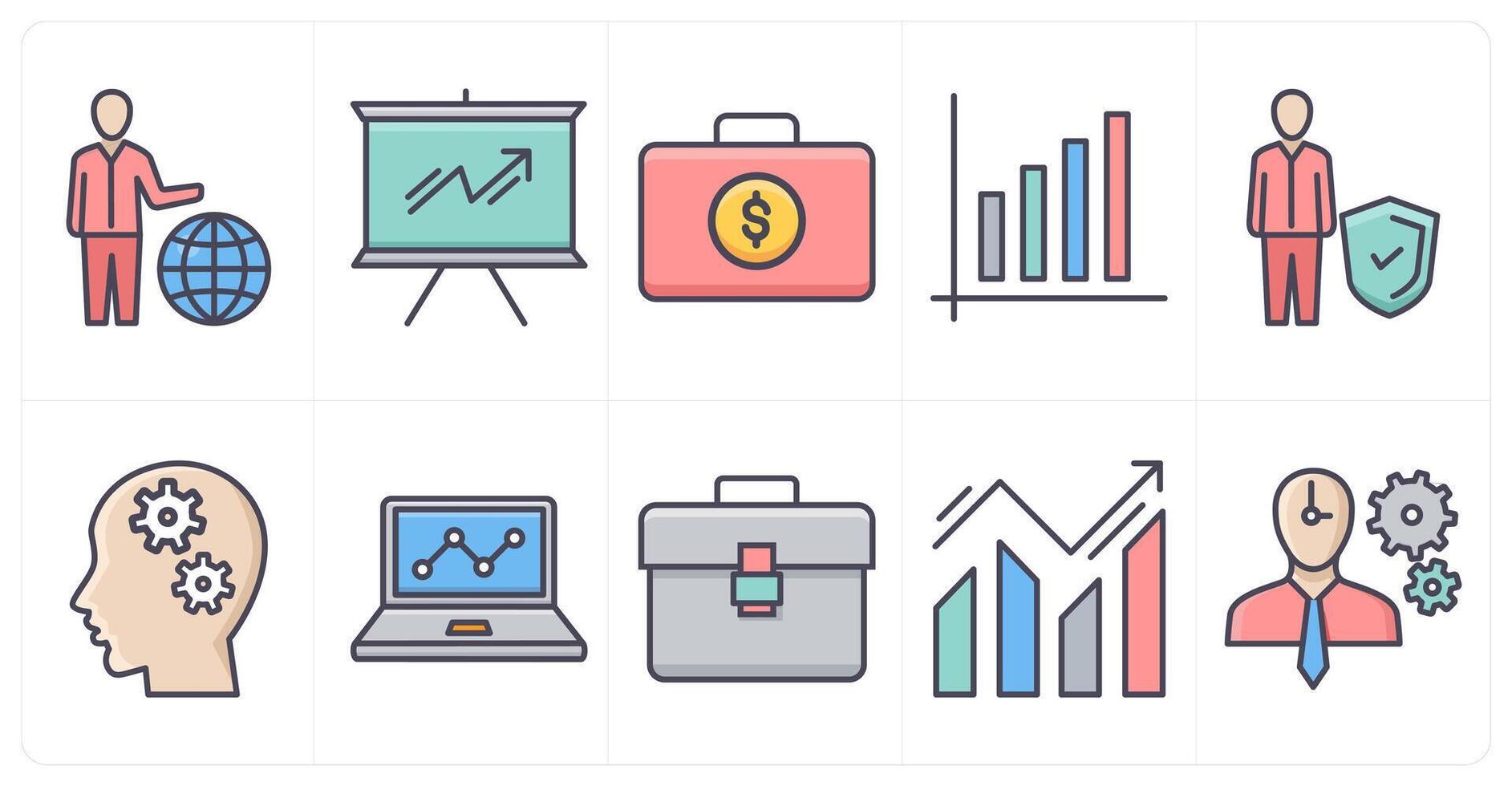 A set of 10 business icons as global business, business presentation, financial portfolio vector