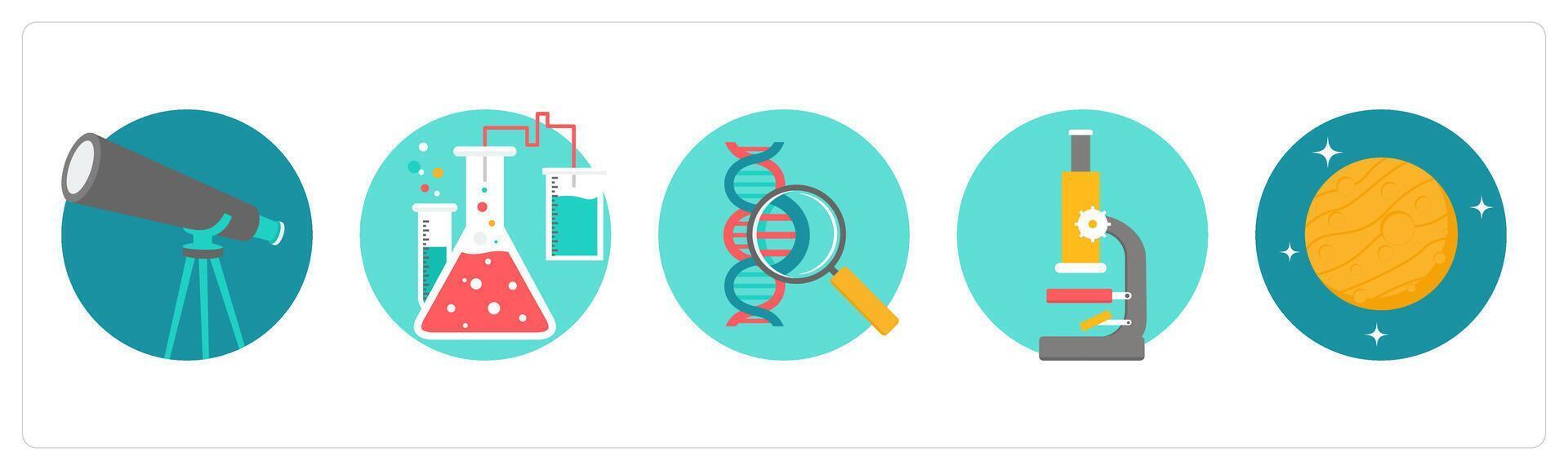 A set of 5 education icons as astronomy, laboratory, dna search vector