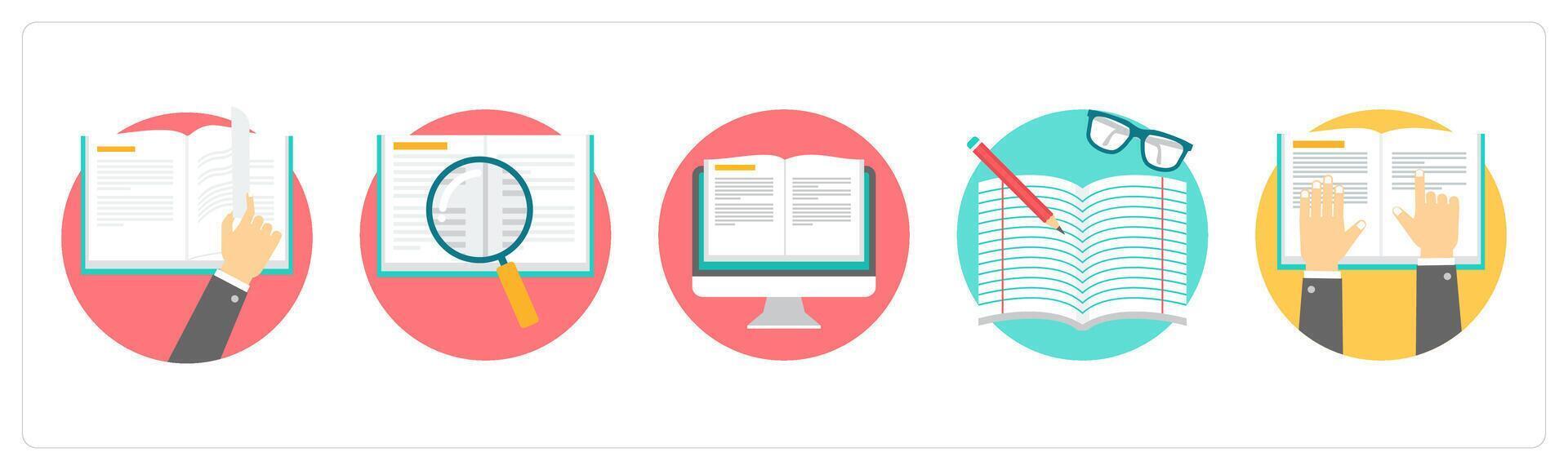 A set of 5 education icons as reading, content search, e learning vector