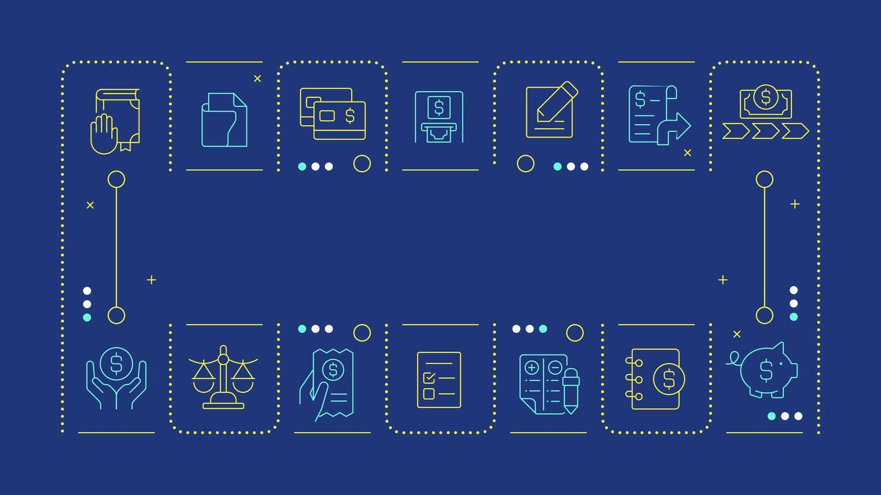 Financial close management blue word concept. Accounting ledger, documentation. Cash flow, business. Horizontal image. Headline text surrounded by editable outline icons vector