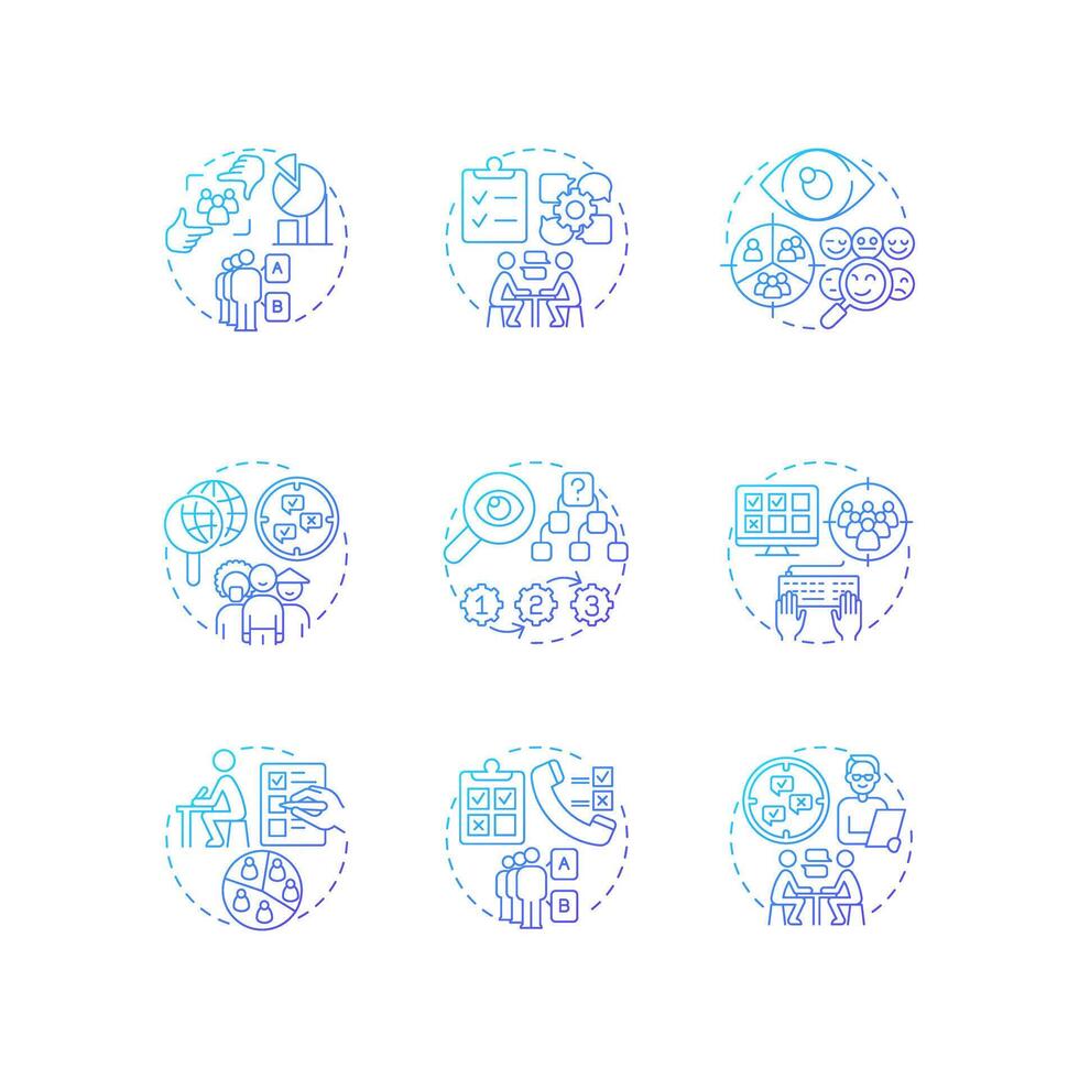 Research methods blue gradient concept icons. Data collecting, survey. Marketing strategy. Icon pack. Round shape illustrations for infographic, presentation. Abstract idea vector