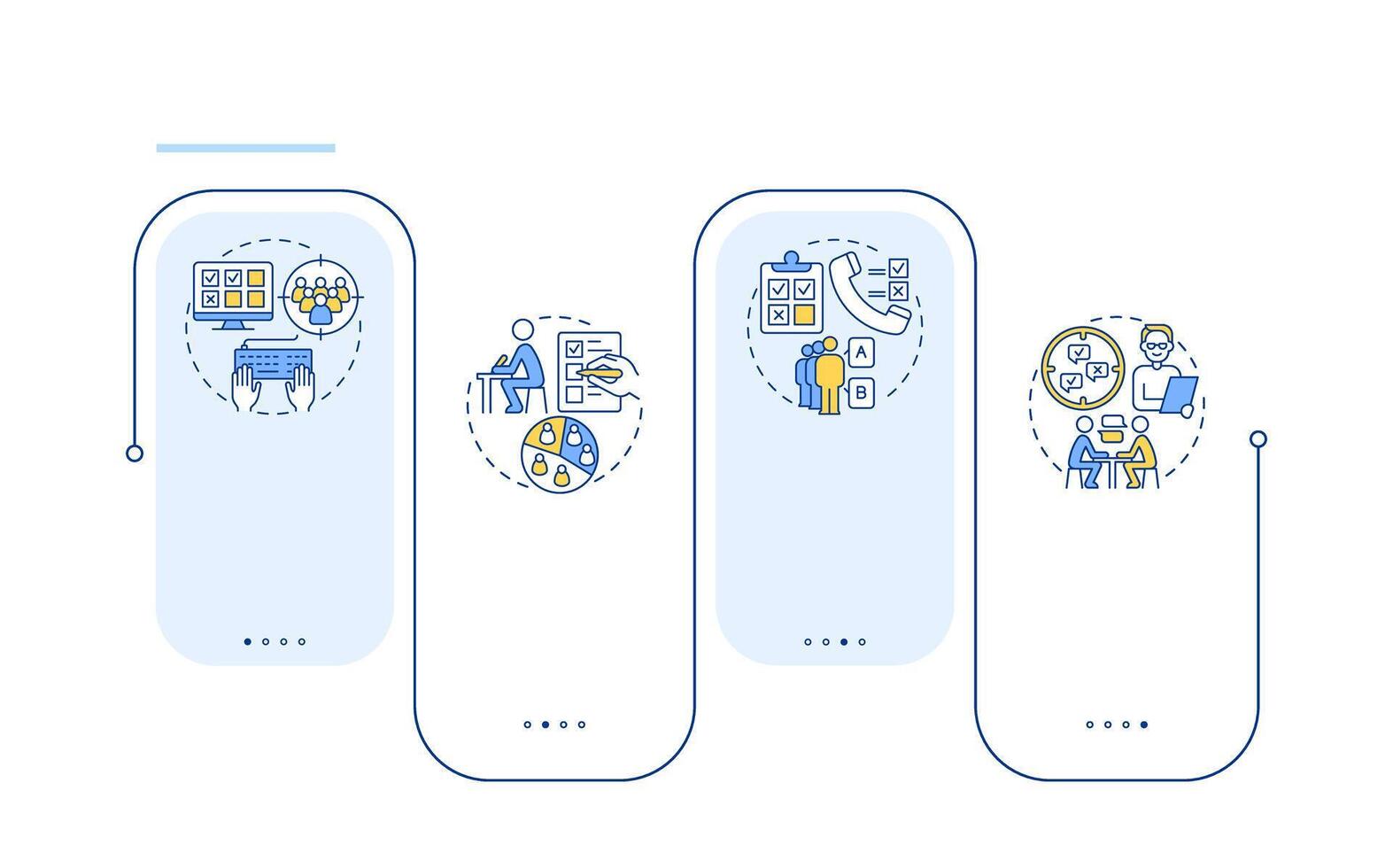 Different survey types rectangle infographic . Target audience. Consumers, questionnaires. Data visualization with 5 steps. Editable rectangular options chart vector
