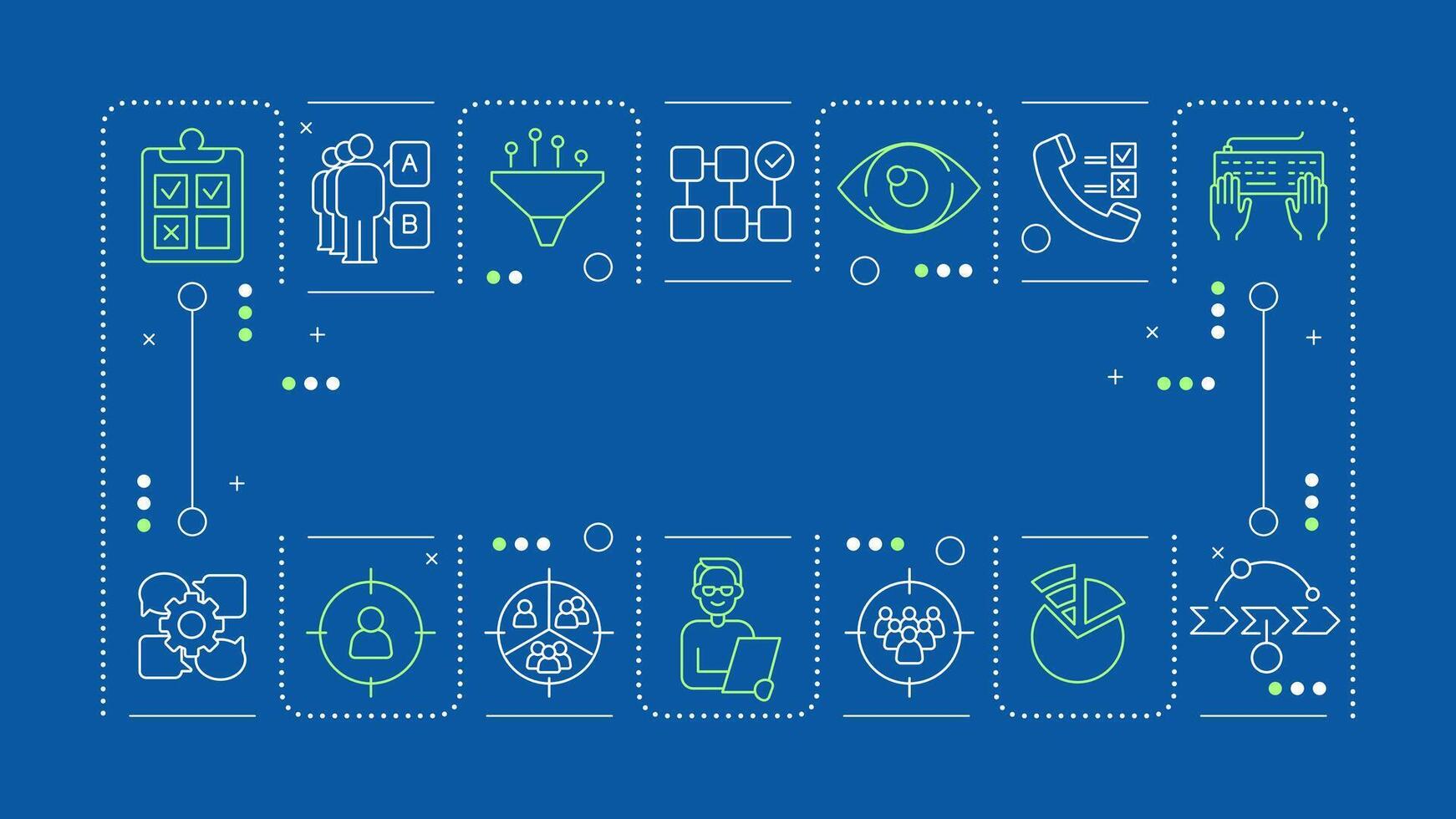 Research methodology blue gray word concept. Marketing planning, audience. Interview, communication. Horizontal image. Headline text surrounded by editable outline icons vector