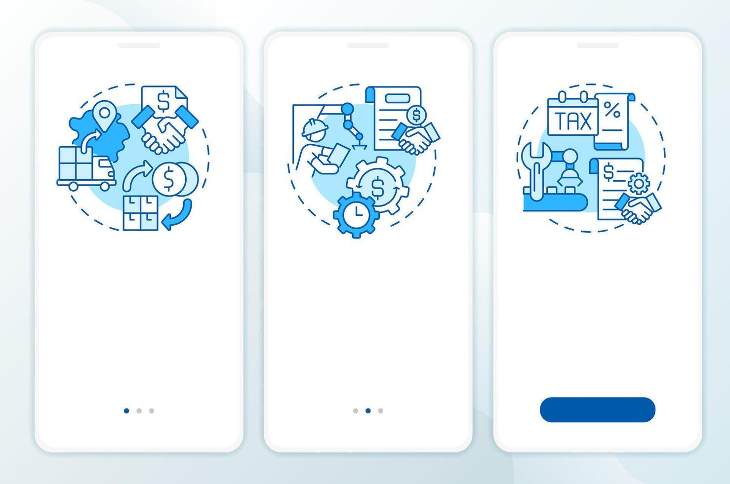 Manufacturing costs blue onboarding mobile app screen. Walkthrough 3 steps editable graphic instructions with linear concepts. UI, UX, GUI template vector
