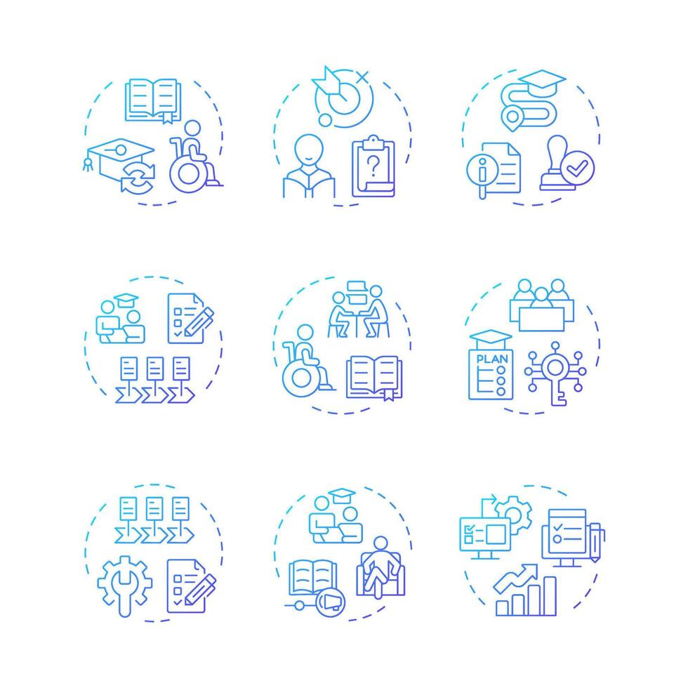 Special education blue gradient concept icons. Inclusive classes for students in school. Integrative learning programs. Icon pack. Round shape illustrations for articles. Abstract idea vector