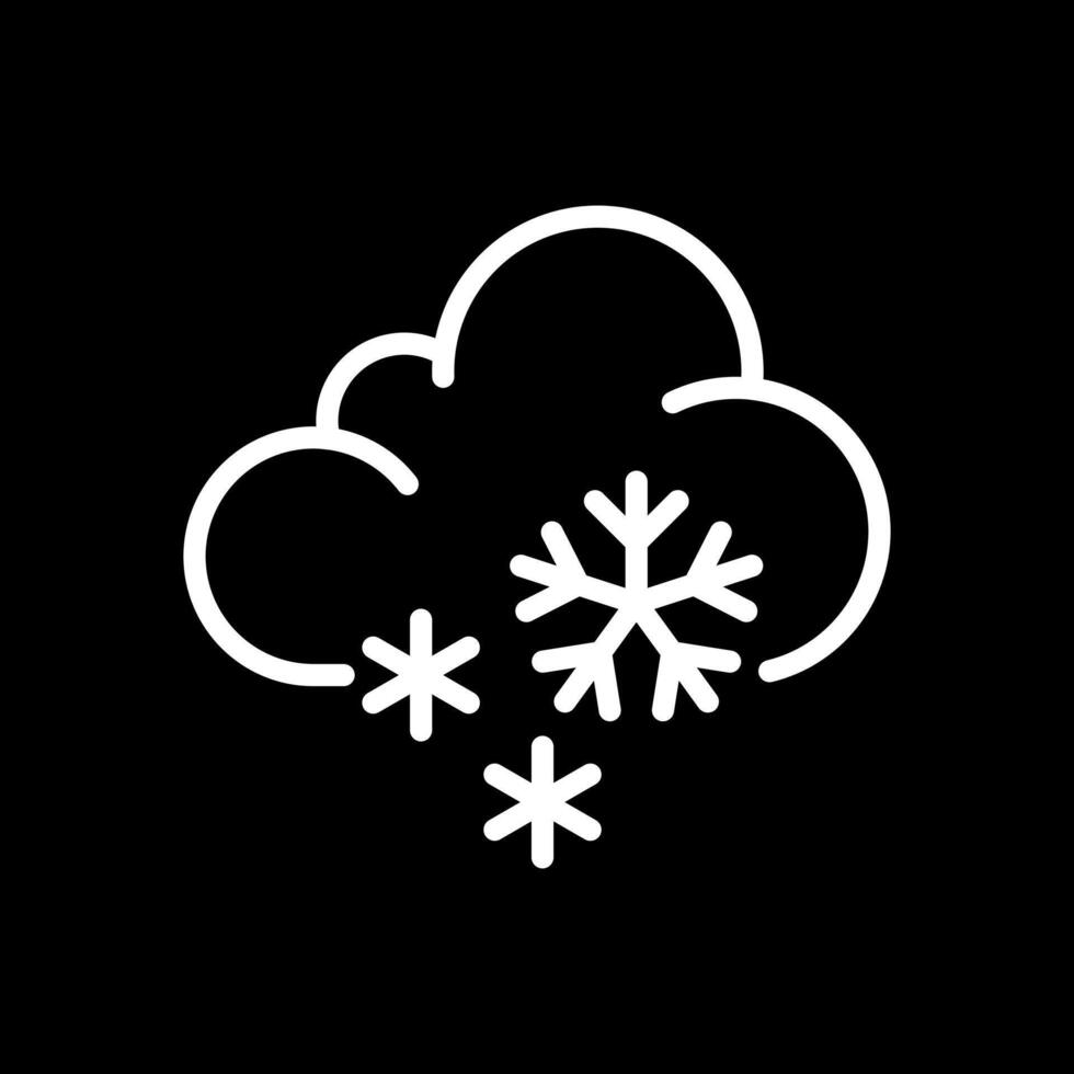 Snow white linear icon for dark theme. Cloud with snowflakes falling. Snowy weather or winter conditions. Weather forecast. Thin line illustration. Isolated symbol for night mode. Editable stroke vector