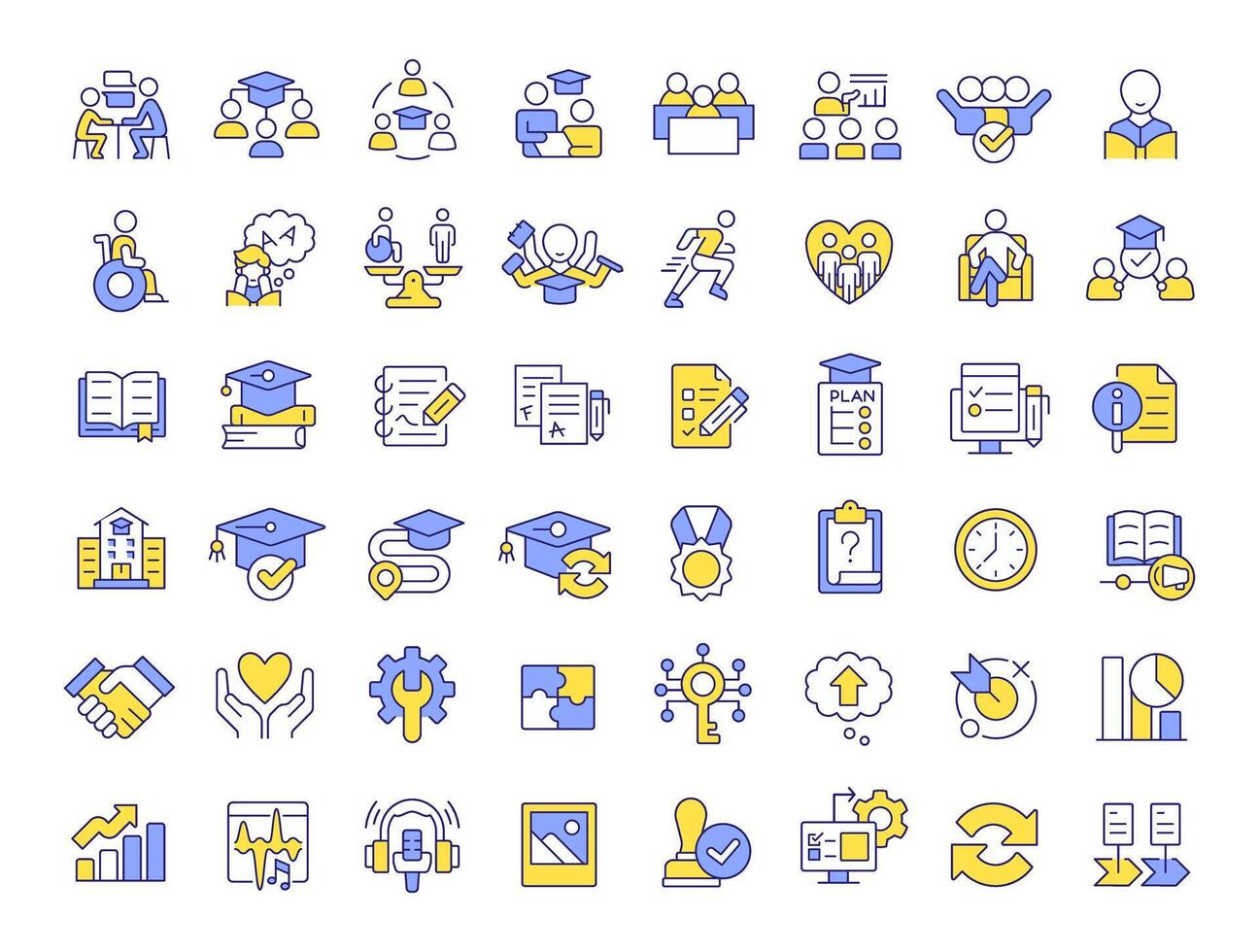 Special education RGB color icons set. Inclusive learning program for students with needs. School accessibility. Isolated illustrations. Simple filled line drawings collection. Editable stroke vector