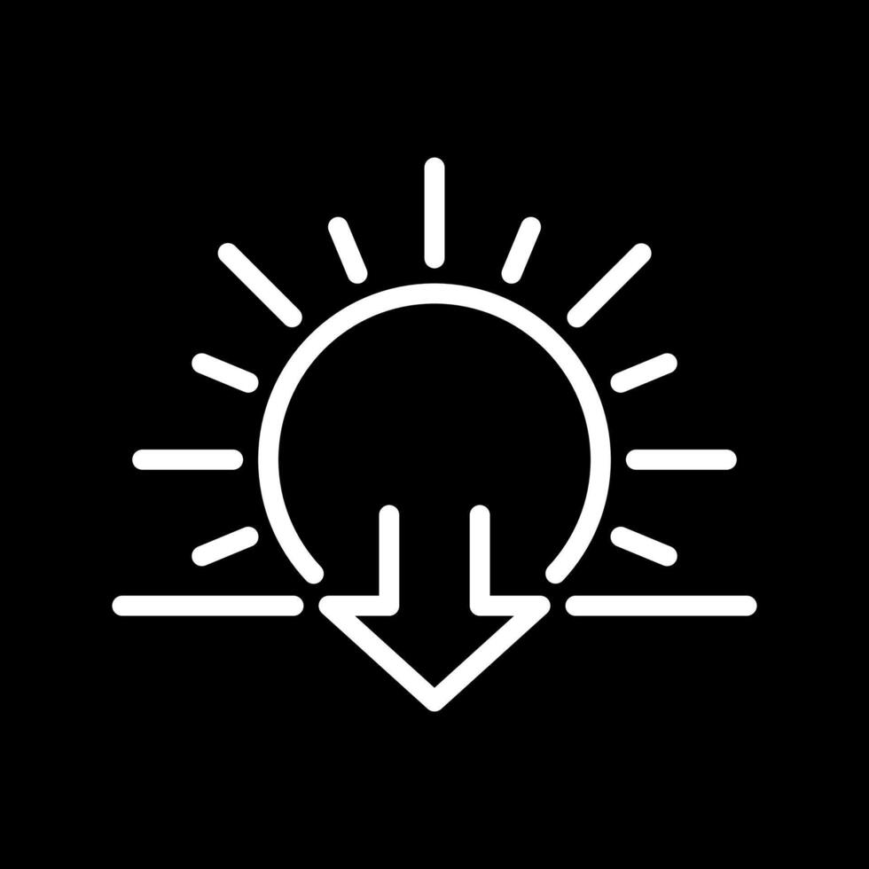 Sunset white linear icon for dark theme. Sun and downward arrow symbol. Evening time. Dusk. Transition from day to night. Thin line illustration. Isolated symbol for night mode. Editable stroke vector