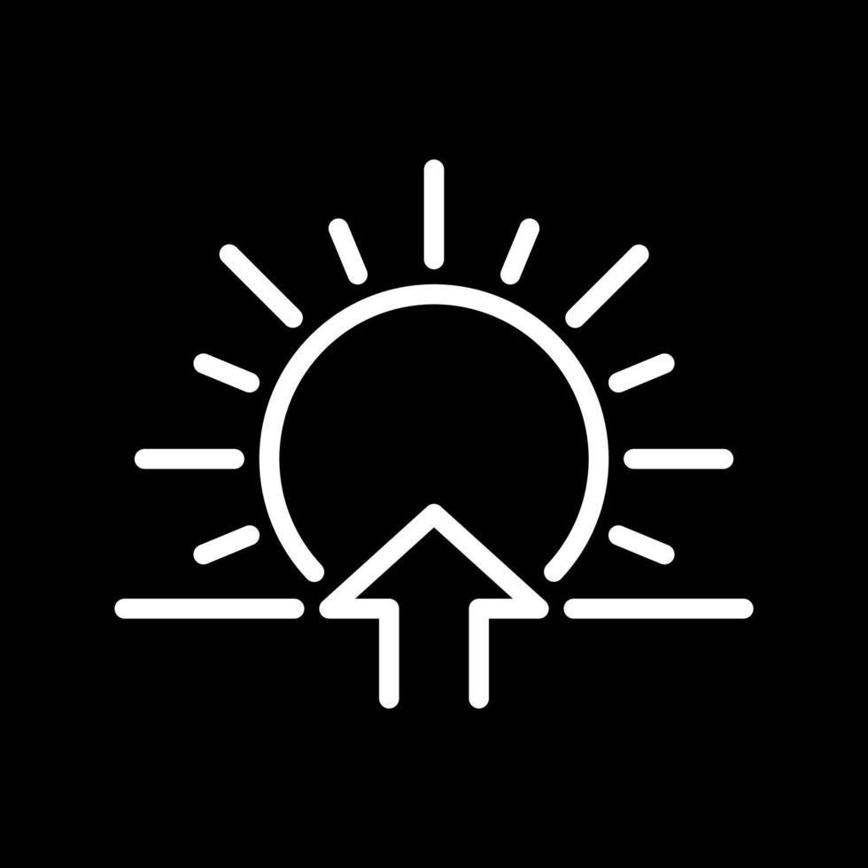 Sunrise white linear icon for dark theme. Sun and upward arrow symbol. Morning time. Dawn concept. Transition from night to day. Thin line illustration. Isolated symbol for night mode. Editable stroke vector