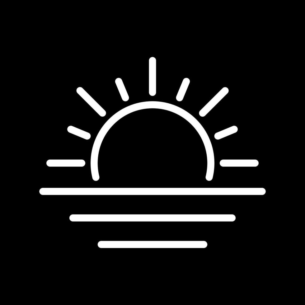 Sunrise white linear icon for dark theme. Clear sky. Calm weather. Dusk or dawn. Sunset over horizon. Weather forecast. Thin line illustration. Isolated symbol for night mode. Editable stroke vector