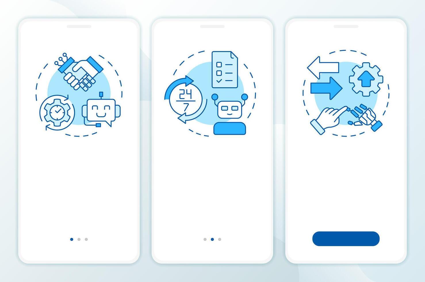 RPA types blue onboarding mobile app screen. Systems automation walkthrough 3 steps editable graphic instructions with linear concepts. UI, UX, GUI template vector