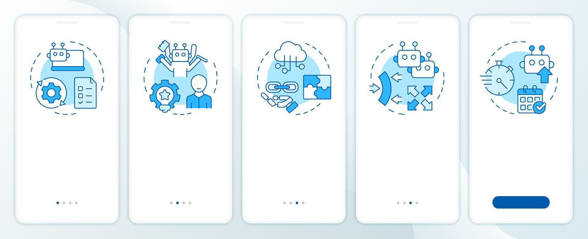 Benefits of RPA blue onboarding mobile app screen. Robotization walkthrough 5 steps editable graphic instructions with linear concepts. UI, UX, GUI template vector