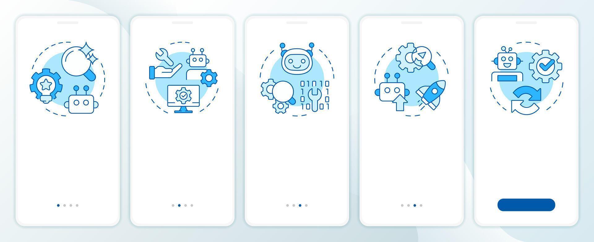 RPA implementation blue onboarding mobile app screen. Innovations walkthrough 5 steps editable graphic instructions with linear concepts. UI, UX, GUI template vector