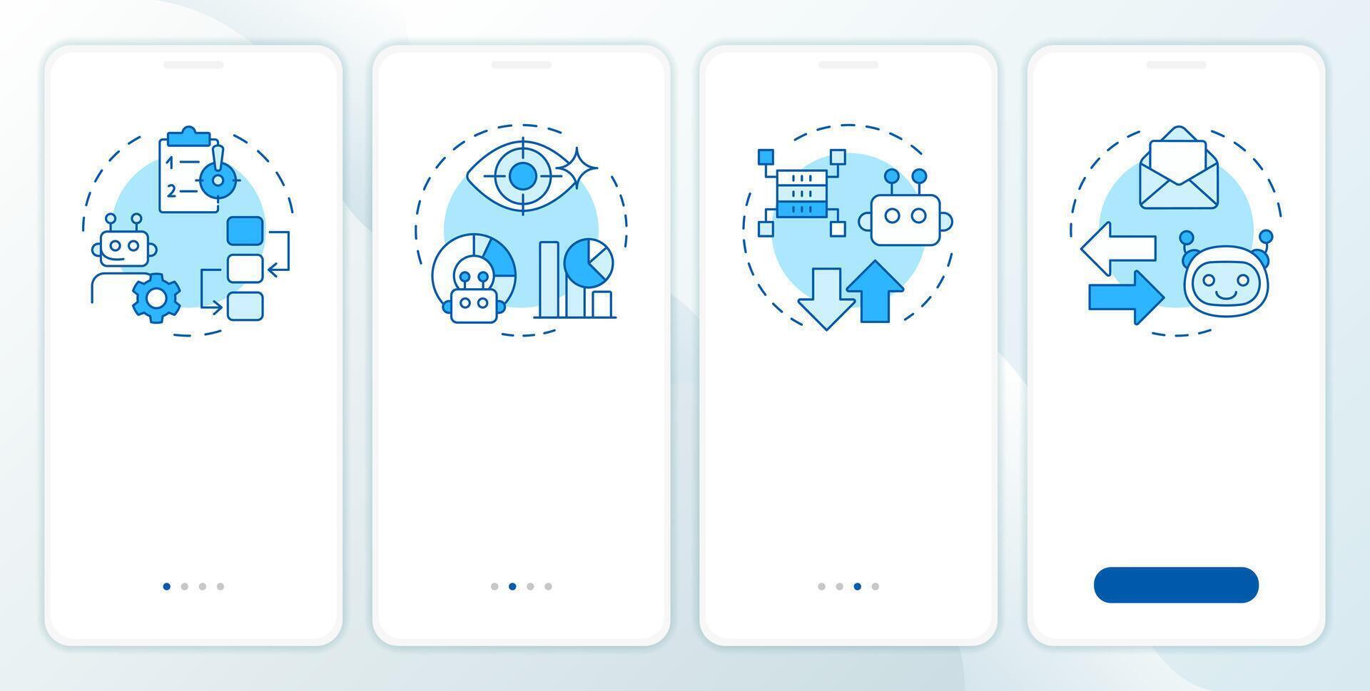 Criteria for RPA blue onboarding mobile app screen. Automation walkthrough 4 steps editable graphic instructions with linear concepts. UI, UX, GUI template vector