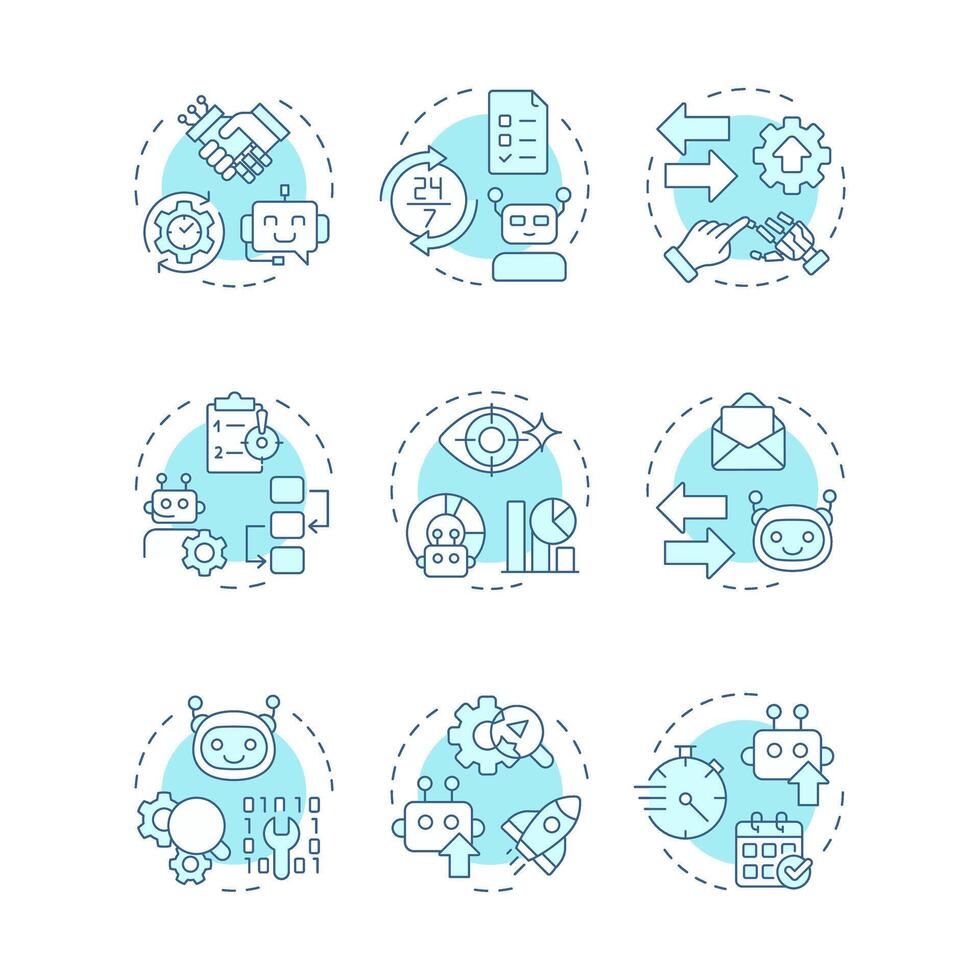 Robotic process automation soft blue concept icons. Workflows digitalization technology. RPA benefits. Icon pack. Round shape illustrations for presentation. Abstract idea vector