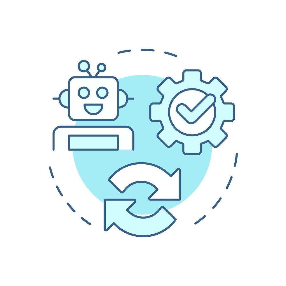 Reconfirm and deploy RPA soft blue concept icon. Reviewing results of automation implementation. Bot algorithm. Round shape line illustration. Abstract idea. Graphic design. Easy to use in article vector