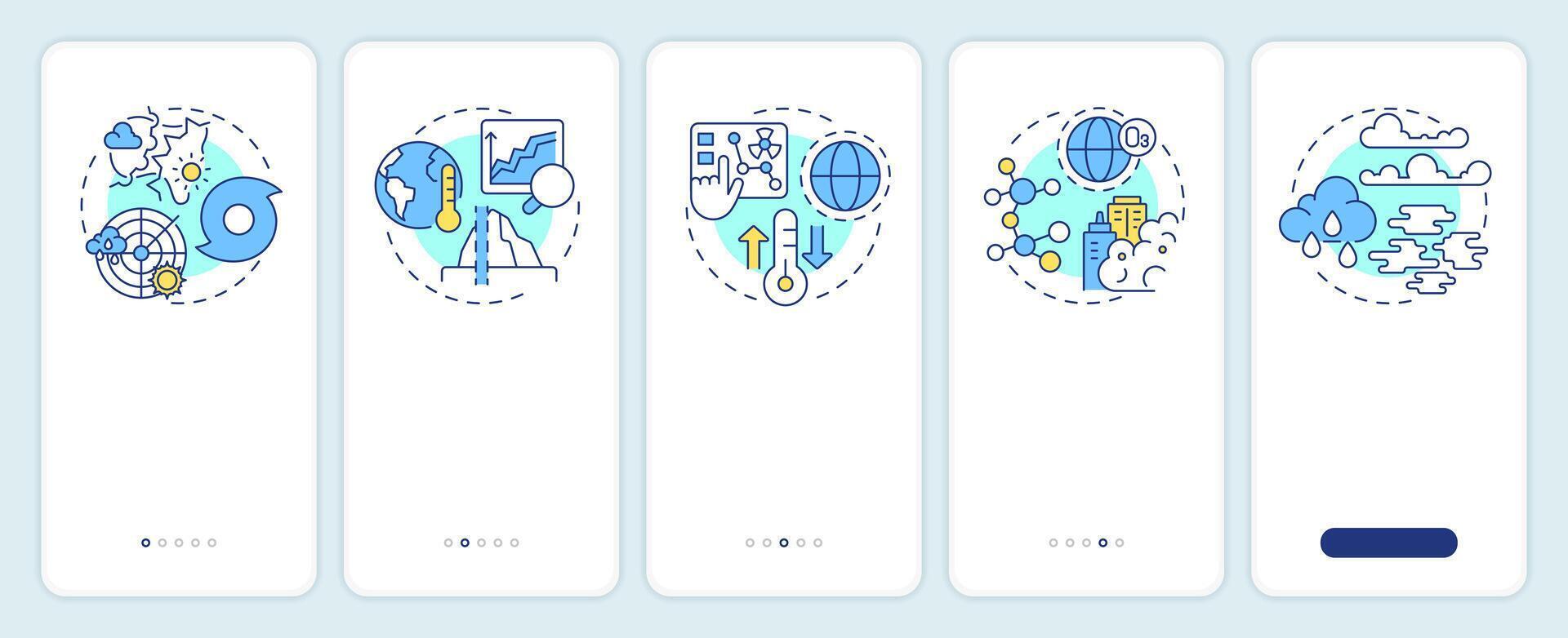 Atmospheric sciences onboarding mobile app screen. Meteorology walkthrough 5 steps editable graphic instructions with linear concepts. UI, UX, GUI template vector