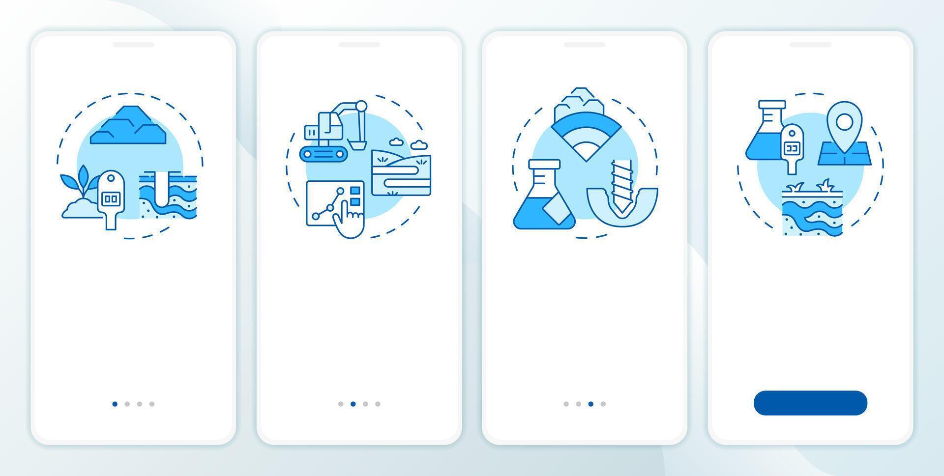 Geotechnical tests blue onboarding mobile app screen. Survey walkthrough 4 steps editable graphic instructions with linear concepts. UI, UX, GUI template vector