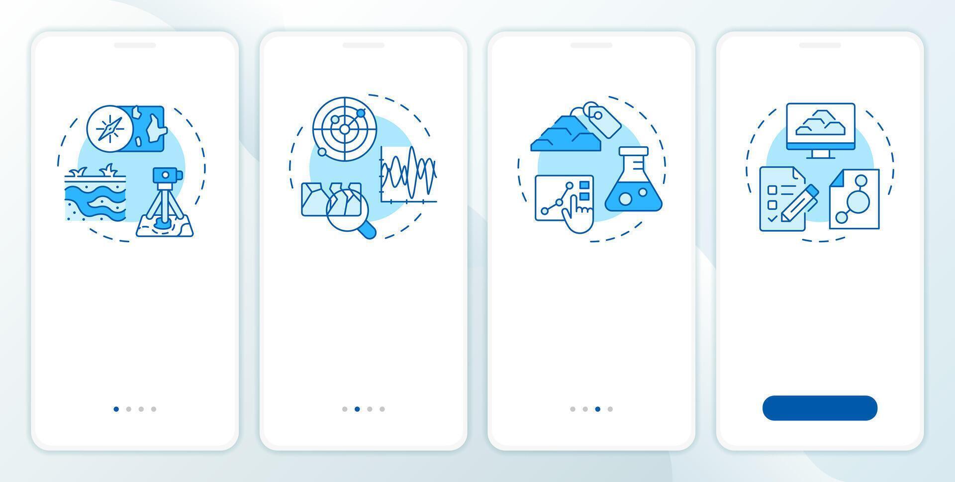 Geotechnical investigation blue onboarding mobile app screen. Survey walkthrough 4 steps editable graphic instructions linear concepts. UI, UX, GUI template vector