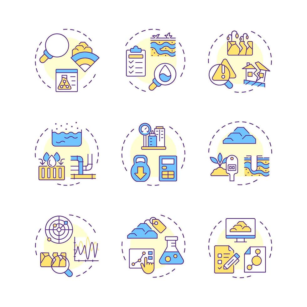 Geotechnical survey multi color concept icons. Civil engineering ground investigation. Geodetic technology. Icon pack. Round shape illustrations for articles. Abstract idea vector