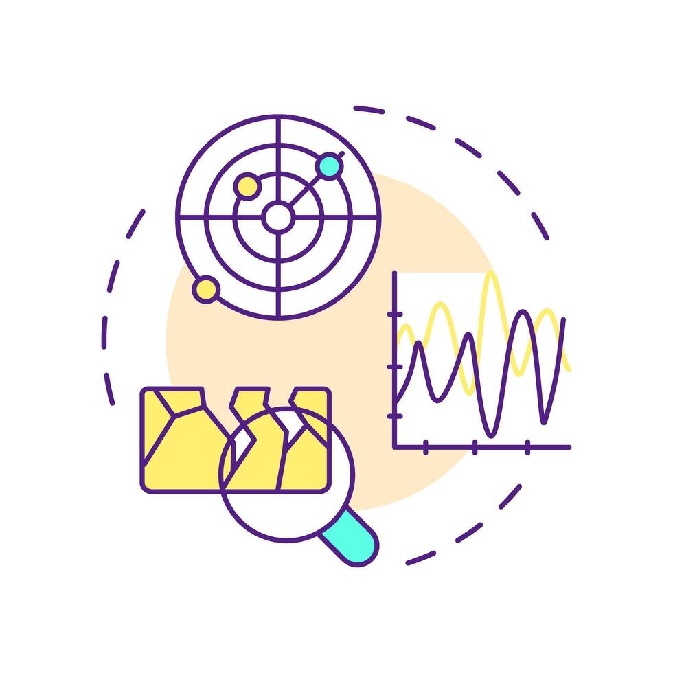 Geophysical investigations multi color concept icon. Explore subsurface conditions without digging. Geotech. Round shape line illustration. Abstract idea. Graphic design. Easy to use in presentation vector