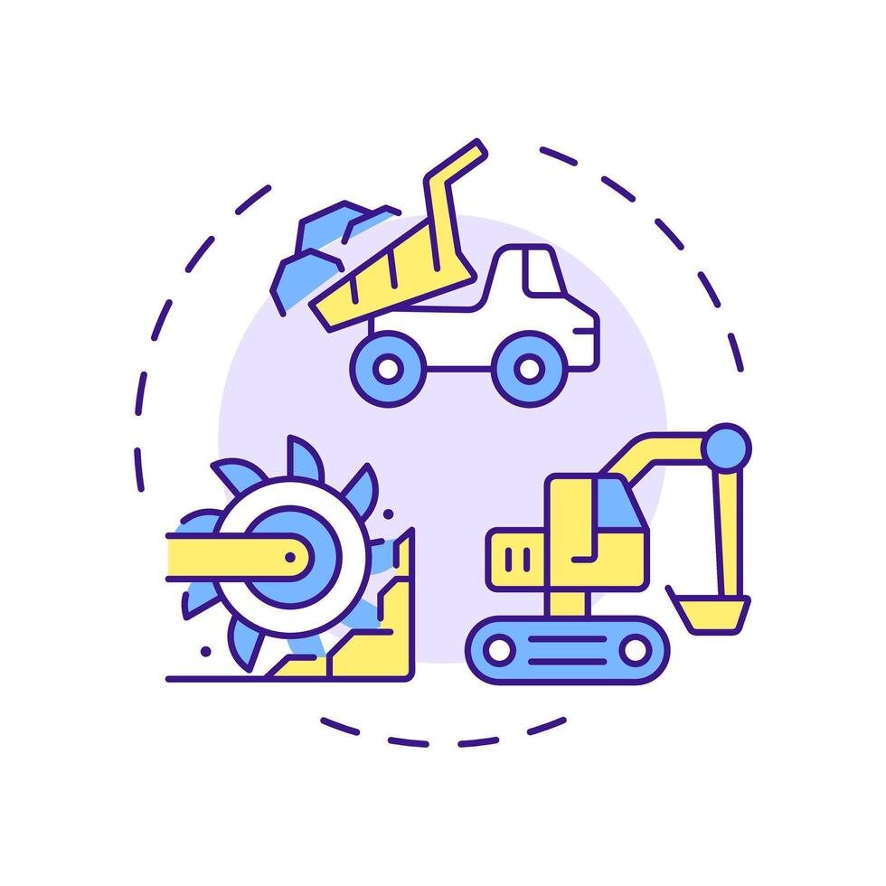 Earthworks and excavation multi color concept icon. Digging trenches, pits and foundations. Construction works. Round shape line illustration. Abstract idea. Graphic design. Easy to use in article vector
