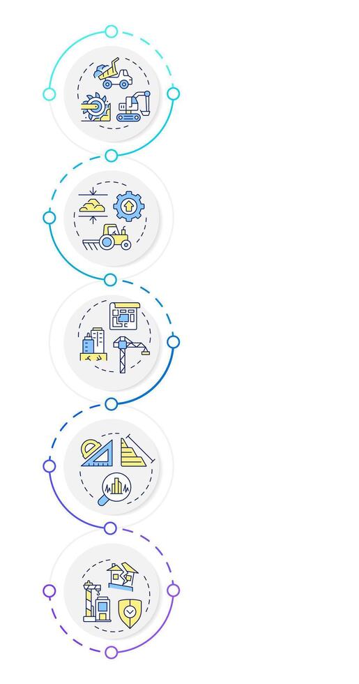 Applications of geotechnical reports infographic vertical sequence. Construction stability. Visualization infochart with 5 steps. Circles workflow vector