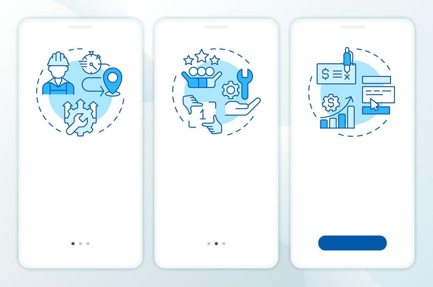 Benefit of FSM blue onboarding mobile app screen. Walkthrough 3 steps editable graphic instructions with linear concepts. UI, UX, GUI template vector