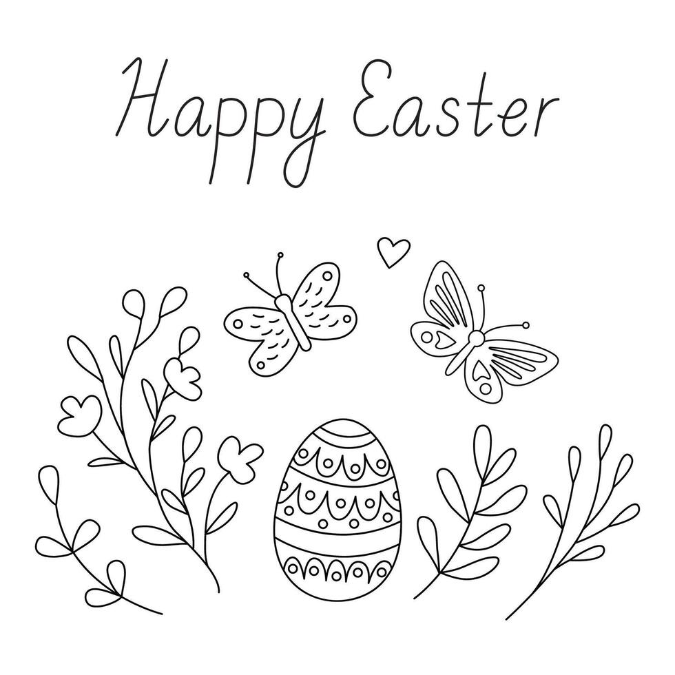Happy Easter greeting card with a an easter egg, flowers and butterflies. Illustration and lettering in doodle hand drawn style, black outline. Great for coloring. vector