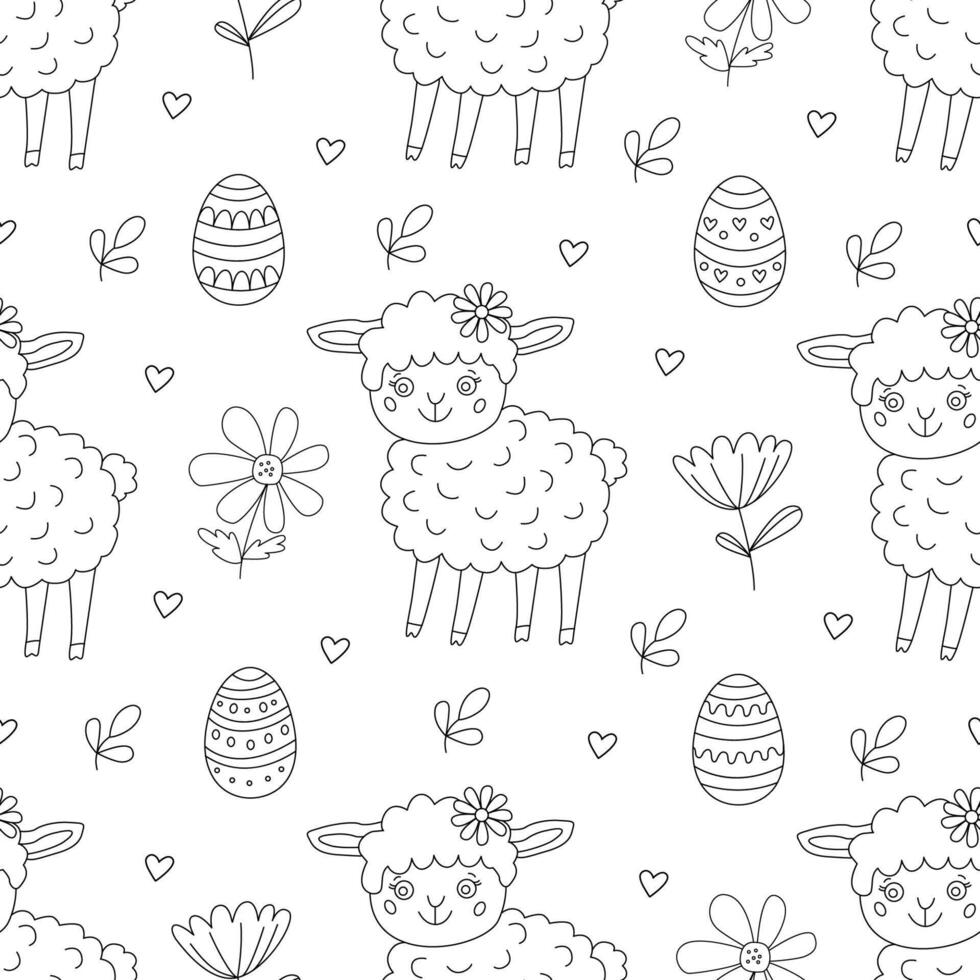 Spring seamless pattern with Easter eggs, flowers and little funny lambs. Illustration in doodle hand drawn style, black outline. Great for coloring, wrapping paper vector