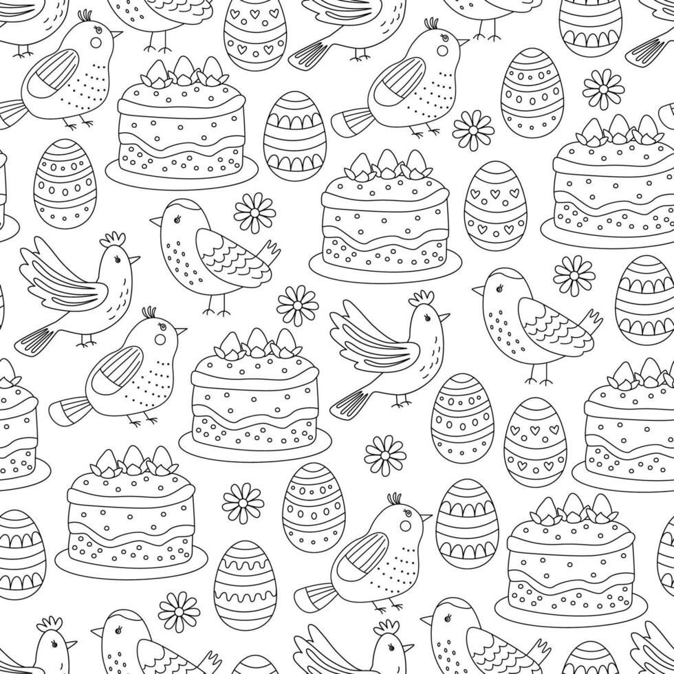 Spring seamless pattern with Easter eggs, cakes and cute birds. Illustration in doodle hand drawn style, black outline. Great for coloring, wrapping paper vector
