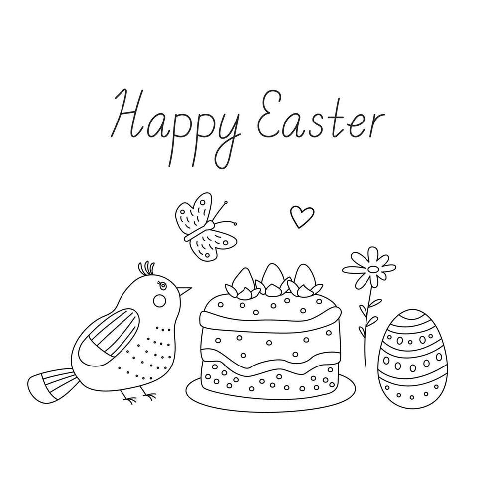 Happy Easter greeting card with a an easter cake, egg, cute bird, flower and butterfly. Illustration and lettering in doodle hand drawn style, black outline. Great for coloring. vector