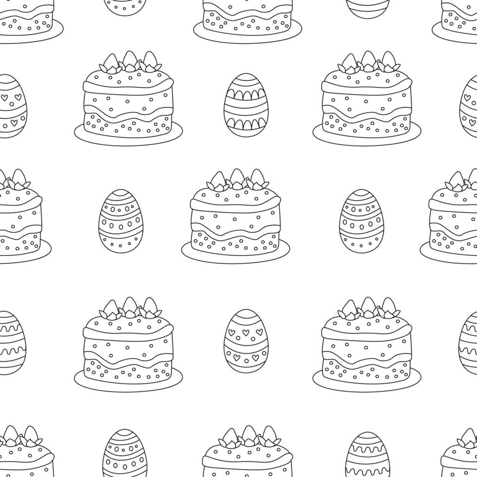 Spring seamless pattern with Easter eggs and cakes. Illustration in doodle hand drawn style, black outline. Great for coloring, wrapping paper vector