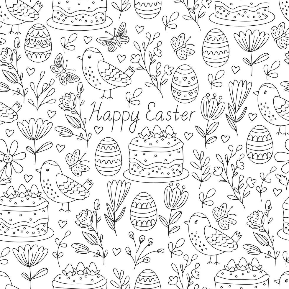 Spring seamless pattern with Easter eggs, cakes, flowers and cute birds. Illustration and lettering in doodle hand drawn style, black outline. Great for coloring, wrapping paper vector