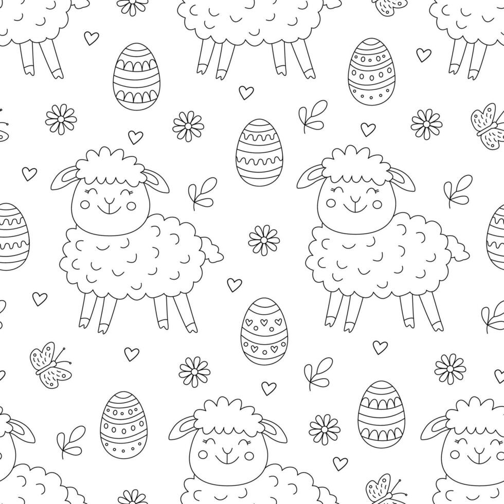 Spring seamless pattern with Easter eggs, flowers, little funny lambs and butterflies. Illustration in doodle hand drawn style, black outline. Great for coloring, wrapping paper vector