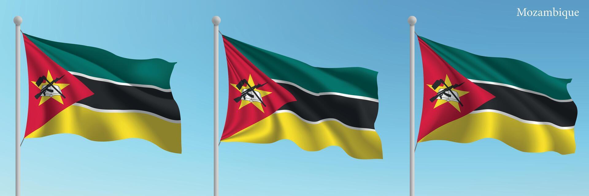 Three flags of mozambique waving in the wind vector
