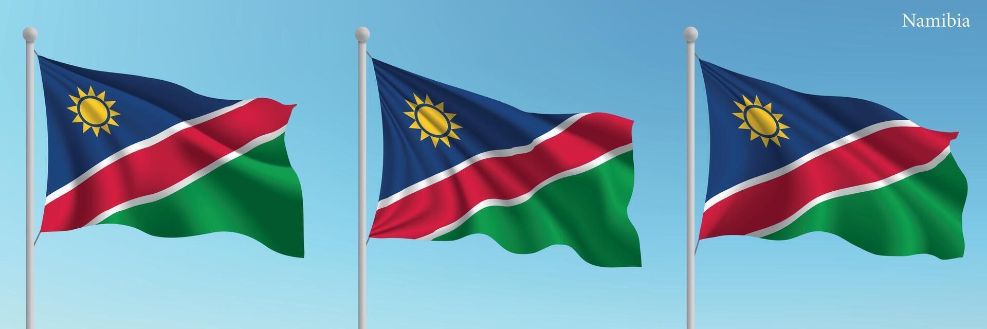 Three namibia flags waving in the wind vector