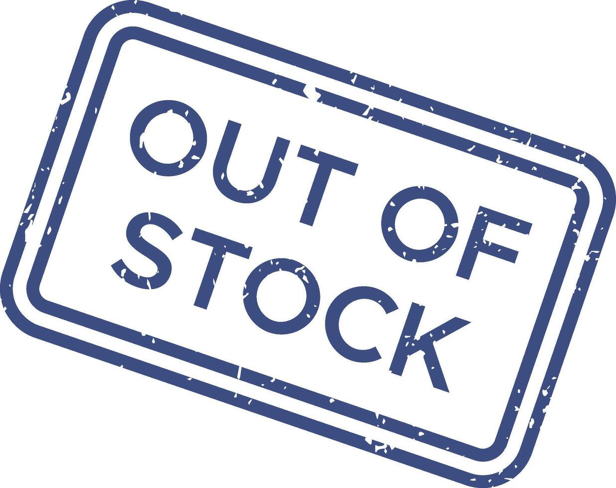 Grunge rectangle featuring an out of stock rubber seal stamp with double border lines, isolated against a white background, indicating product unavailability and inventory shortage vector