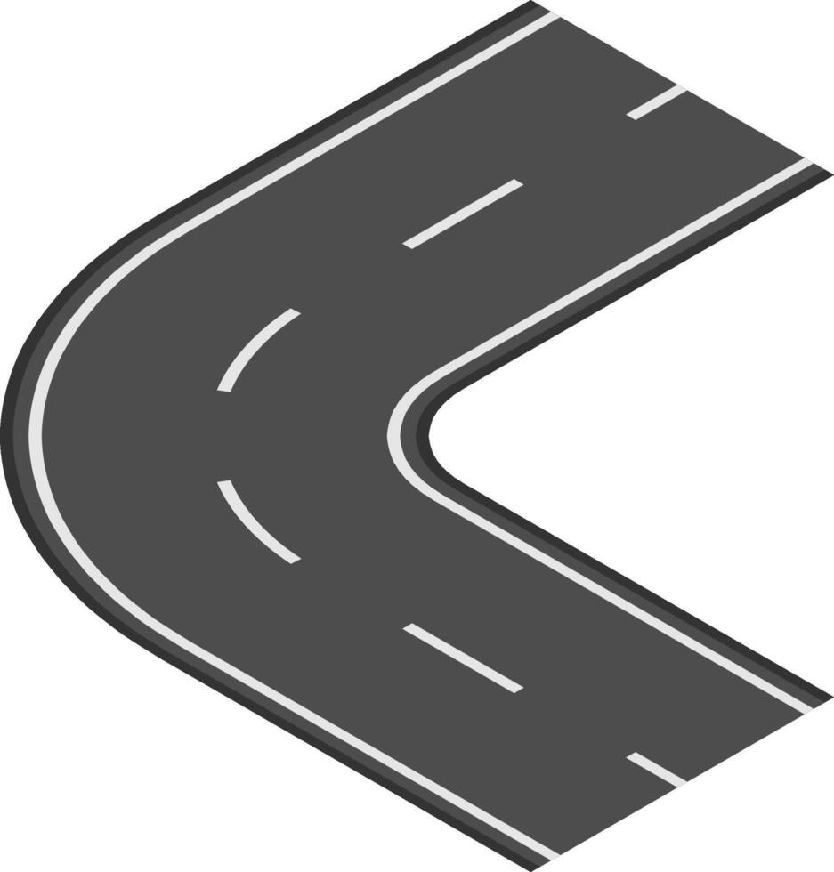 Isometric view of a winding road making a sharp turn, featuring white dashed lines, symbolizing change of direction, journey, and transportation vector
